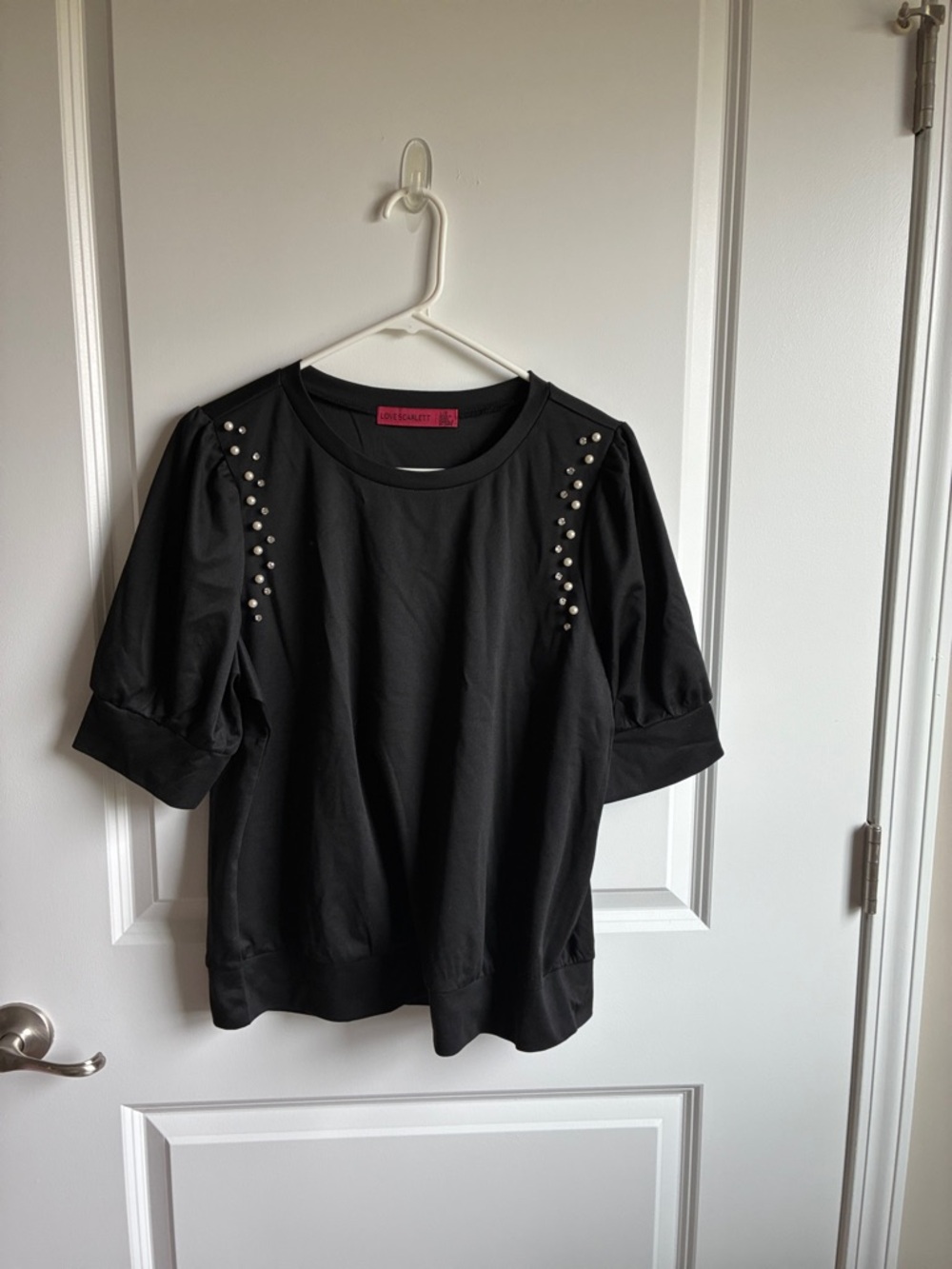 Black Stud-Trim Puff Sleeve Sweatshirt - Women's